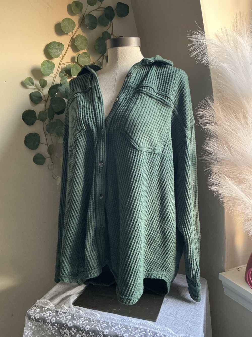Aerie green waffle button up shirt